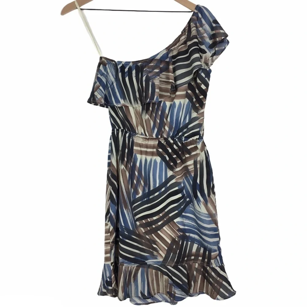 BANANA REPUBLIC Dress One Shoulder Ruffle Stripe Paint Swipe Abstract Size 0